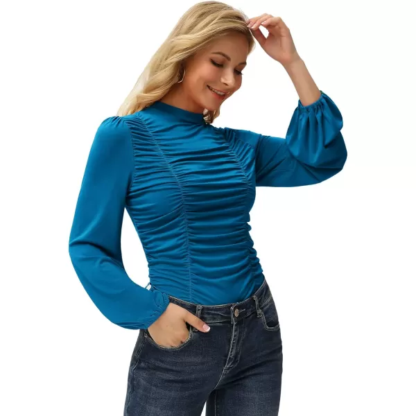 GRACE KARIN Womens Long Lantern Sleeve HighNeck Ruched Front Fitted BlousePeacock Blue