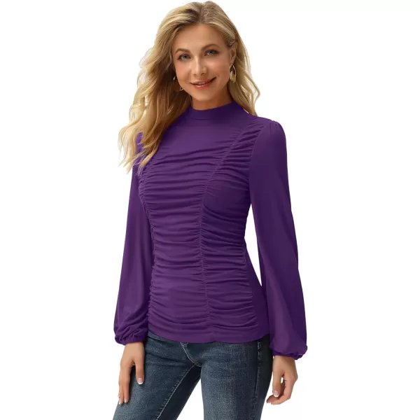 GRACE KARIN Womens Long Lantern Sleeve HighNeck Ruched Front Fitted BlousePurple