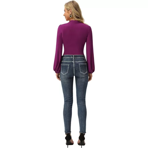 GRACE KARIN Womens Long Lantern Sleeve HighNeck Ruched Front Fitted BlouseRose Purple