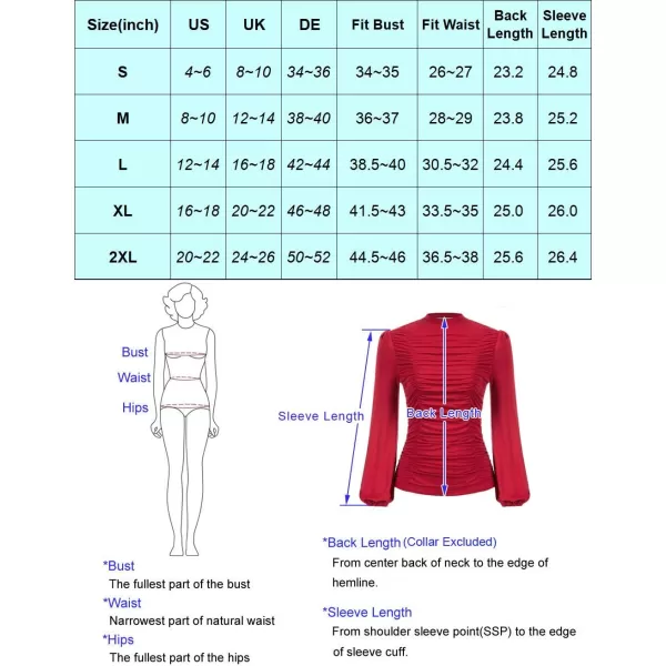 GRACE KARIN Womens Long Lantern Sleeve HighNeck Ruched Front Fitted BlouseRose Purple