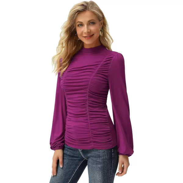 GRACE KARIN Womens Long Lantern Sleeve HighNeck Ruched Front Fitted BlouseRose Purple