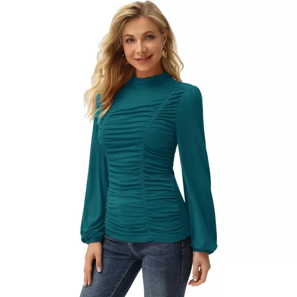 GRACE KARIN Womens Long Lantern Sleeve HighNeck Ruched Front Fitted BlouseTeal