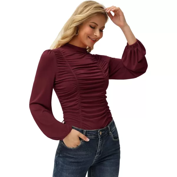 GRACE KARIN Womens Long Lantern Sleeve HighNeck Ruched Front Fitted BlouseWine Red