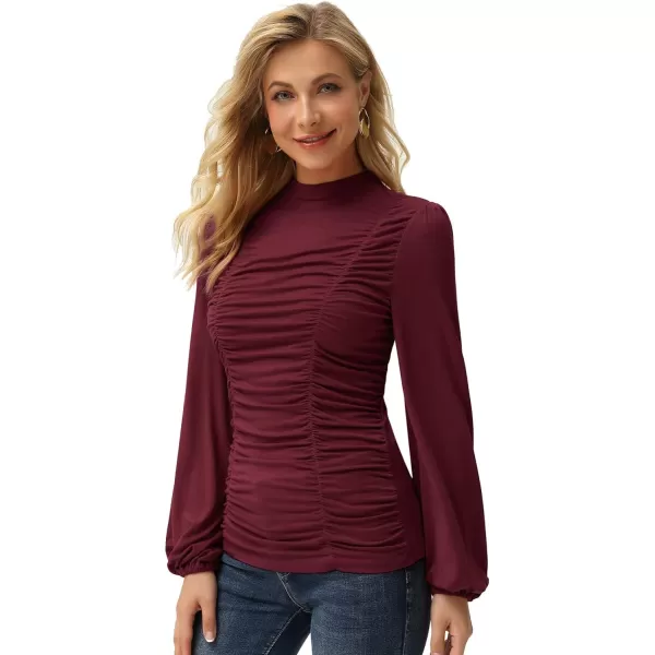 GRACE KARIN Womens Long Lantern Sleeve HighNeck Ruched Front Fitted BlouseWine Red