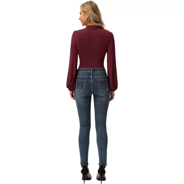 GRACE KARIN Womens Long Lantern Sleeve HighNeck Ruched Front Fitted BlouseWine Red