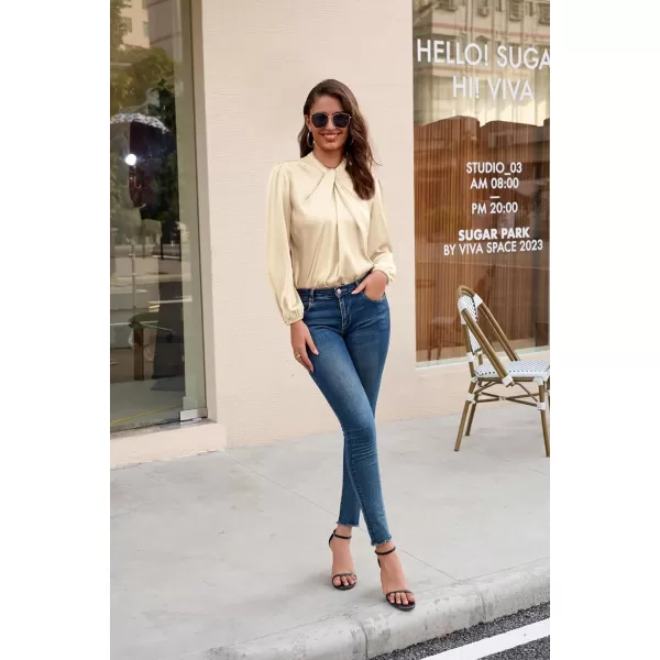 GRACE KARIN Womens Long Lantern Sleeve Shirts Mock Neck Solid Casual Blouse TopsApricot