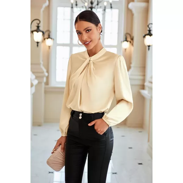 GRACE KARIN Womens Long Lantern Sleeve Shirts Mock Neck Solid Casual Blouse TopsApricot