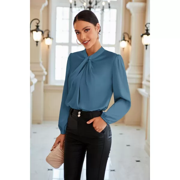 GRACE KARIN Womens Long Lantern Sleeve Shirts Mock Neck Solid Casual Blouse TopsGrey Blue