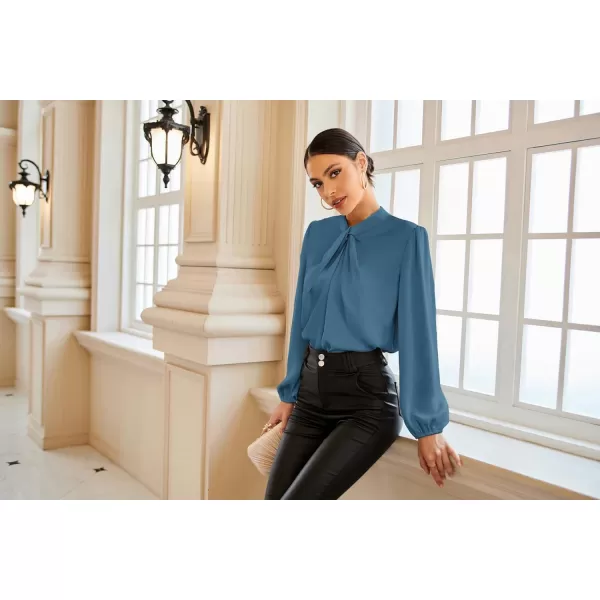 GRACE KARIN Womens Long Lantern Sleeve Shirts Mock Neck Solid Casual Blouse TopsGrey Blue