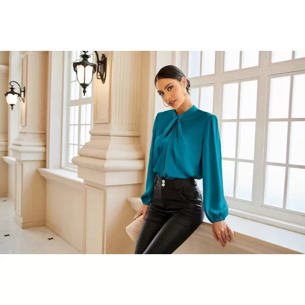 GRACE KARIN Womens Long Lantern Sleeve Shirts Mock Neck Solid Casual Blouse TopsPeacock Blue