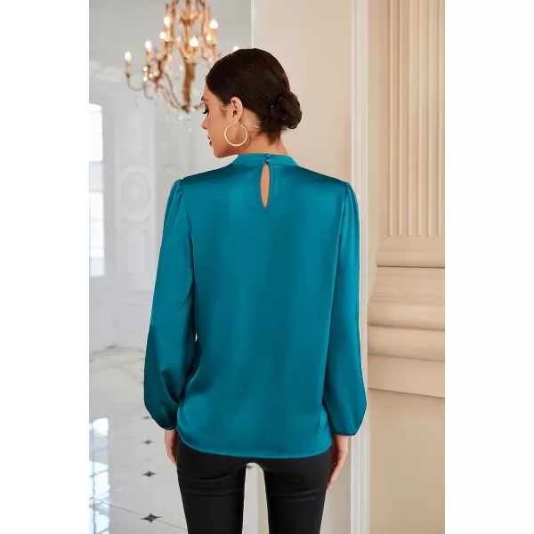 GRACE KARIN Womens Long Lantern Sleeve Shirts Mock Neck Solid Casual Blouse TopsPeacock Blue