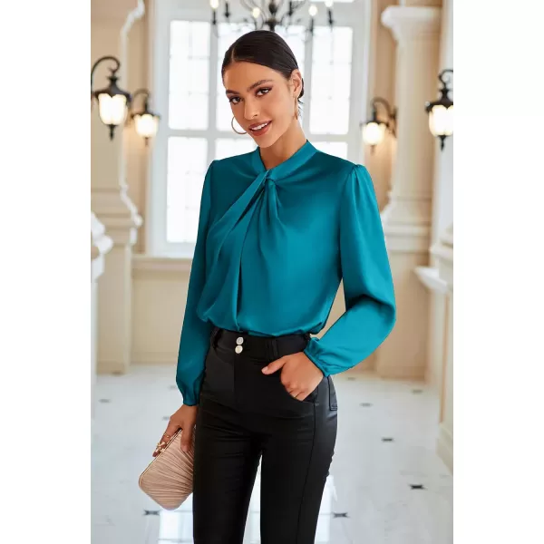 GRACE KARIN Womens Long Lantern Sleeve Shirts Mock Neck Solid Casual Blouse TopsPeacock Blue