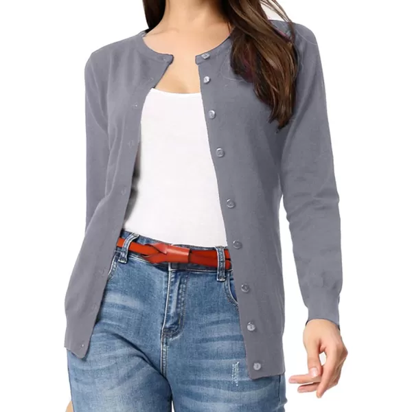 GRACE KARIN Womens Long Sleeve Button Down Crew Neck Classic Sweater Knit CardiganGrey Blue