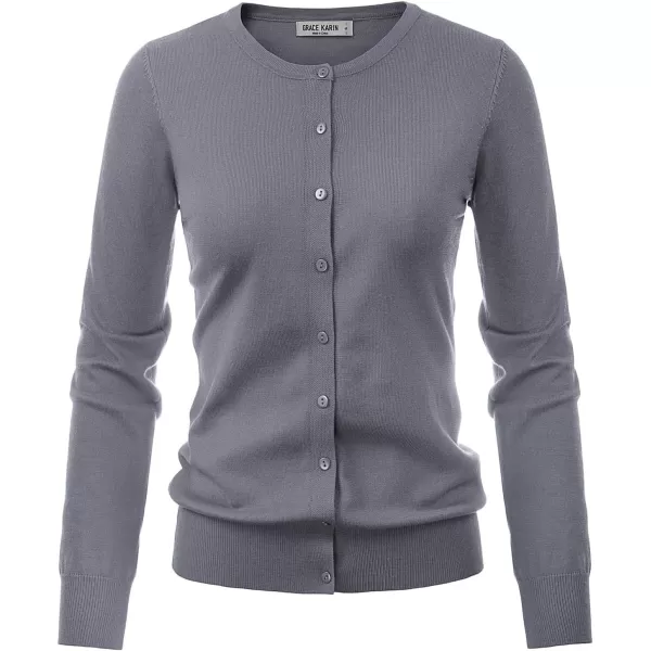 GRACE KARIN Womens Long Sleeve Button Down Crew Neck Classic Sweater Knit CardiganGrey Blue
