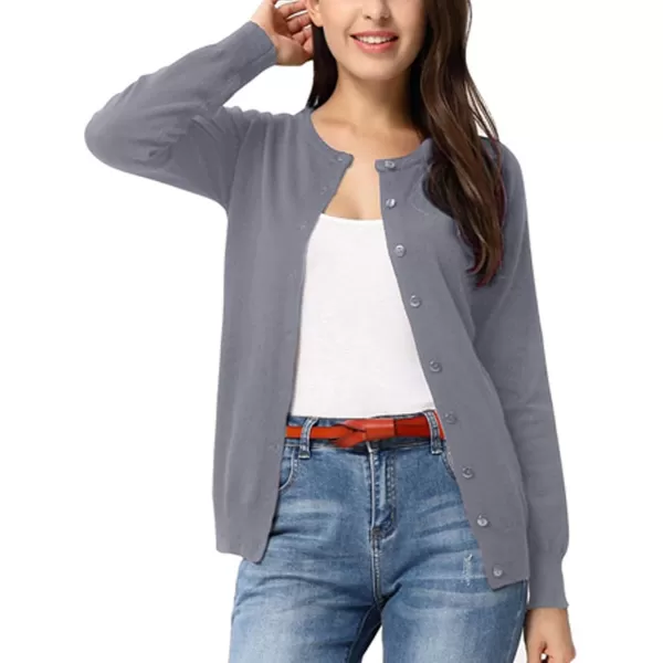 GRACE KARIN Womens Long Sleeve Button Down Crew Neck Classic Sweater Knit CardiganGrey Blue
