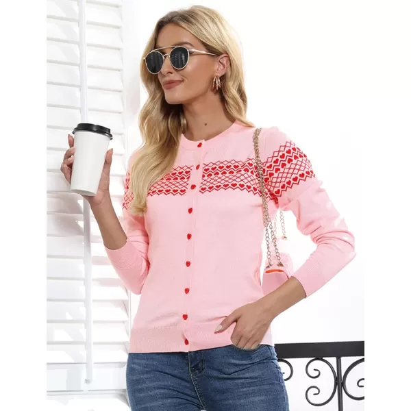 GRACE KARIN Womens Long Sleeve Button Down Crew Neck Classic Sweater Knit CardiganHeartpink