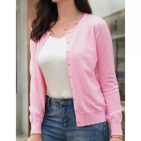 GRACE KARIN Womens Long Sleeve Button Down Crew Neck Classic Sweater Knit CardiganLight Pink