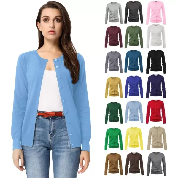 GRACE KARIN Womens Long Sleeve Button Down Crew Neck Classic Sweater Knit CardiganMaya Blue