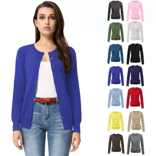 GRACE KARIN Womens Long Sleeve Button Down Crew Neck Classic Sweater Knit CardiganRoyal Blue