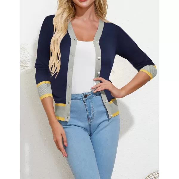 GRACE KARIN Womens Long Sleeve Button Down Sweater Classic VNeck Knit CardiganContrast Dark Blue