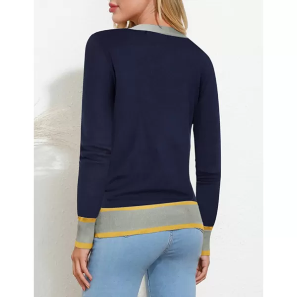 GRACE KARIN Womens Long Sleeve Button Down Sweater Classic VNeck Knit CardiganContrast Dark Blue