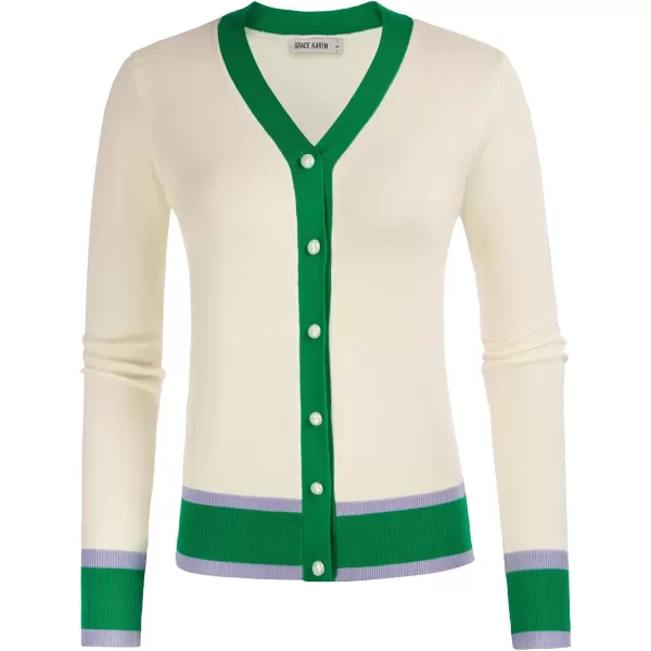 GRACE KARIN Womens Long Sleeve Button Down Sweater Classic VNeck Knit CardiganContrast Green Ivory