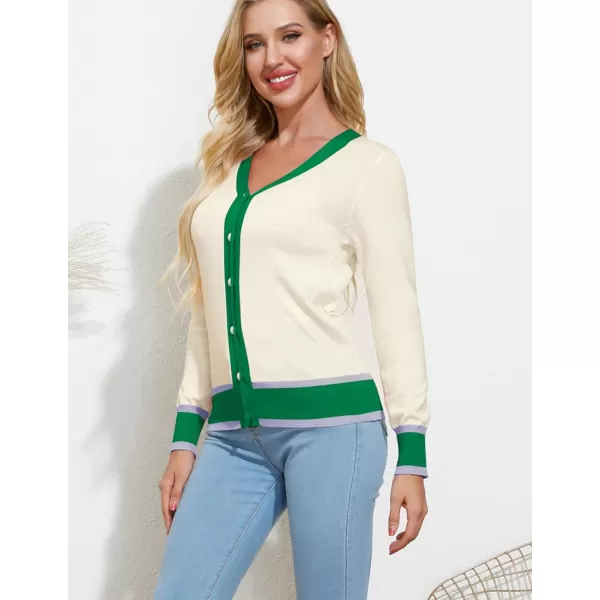 GRACE KARIN Womens Long Sleeve Button Down Sweater Classic VNeck Knit CardiganContrast Green Ivory