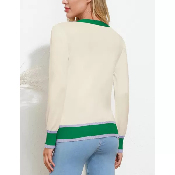 GRACE KARIN Womens Long Sleeve Button Down Sweater Classic VNeck Knit CardiganContrast Green Ivory