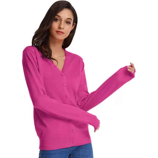 GRACE KARIN Womens Long Sleeve Button Down Sweater Classic VNeck Knit CardiganMagenta