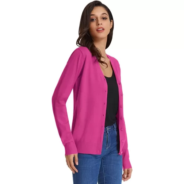 GRACE KARIN Womens Long Sleeve Button Down Sweater Classic VNeck Knit CardiganMagenta
