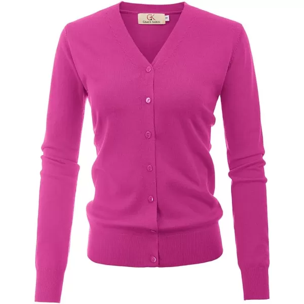 GRACE KARIN Womens Long Sleeve Button Down Sweater Classic VNeck Knit CardiganMagenta