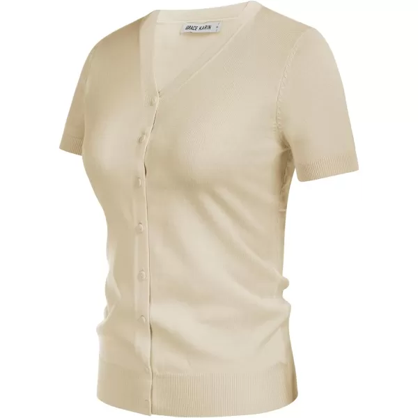 GRACE KARIN Womens Long Sleeve Button Down Sweater Classic VNeck Knit CardiganShort Sleeve Apricot