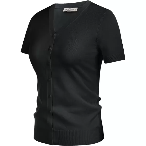 GRACE KARIN Womens Long Sleeve Button Down Sweater Classic VNeck Knit CardiganShort Sleeve Black