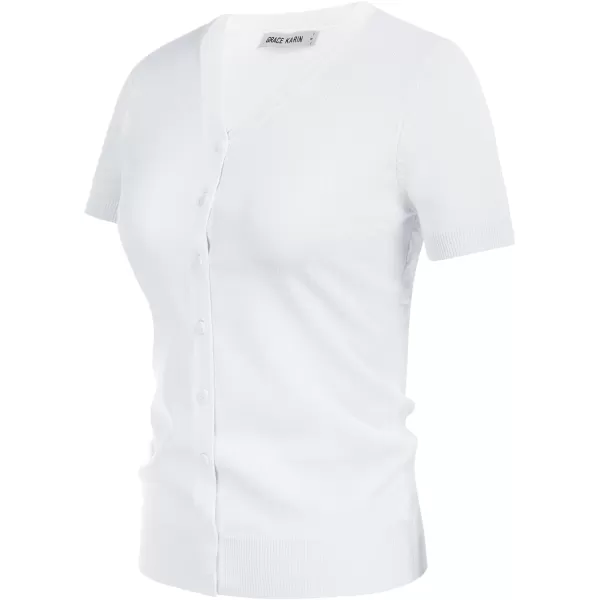 GRACE KARIN Womens Long Sleeve Button Down Sweater Classic VNeck Knit CardiganShort Sleeve Bright White
