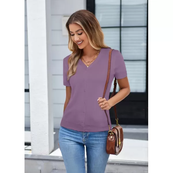 GRACE KARIN Womens Long Sleeve Button Down Sweater Classic VNeck Knit CardiganShort Sleeve Purple