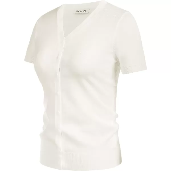 GRACE KARIN Womens Long Sleeve Button Down Sweater Classic VNeck Knit CardiganShort Sleeve White
