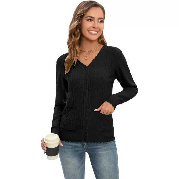 GRACE KARIN Womens Long Sleeve Button Down Vee Neck Classic Sweater Knit CardiganCable Black