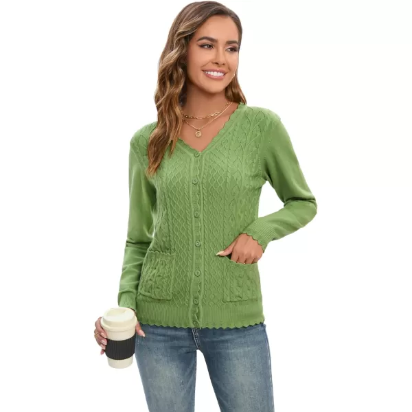 GRACE KARIN Womens Long Sleeve Button Down Vee Neck Classic Sweater Knit CardiganCable Green