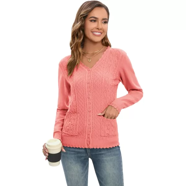 GRACE KARIN Womens Long Sleeve Button Down Vee Neck Classic Sweater Knit CardiganCable Pink