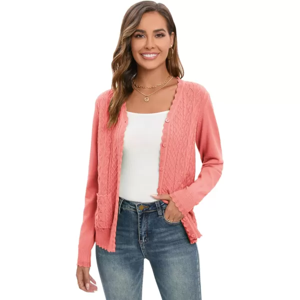 GRACE KARIN Womens Long Sleeve Button Down Vee Neck Classic Sweater Knit CardiganCable Pink