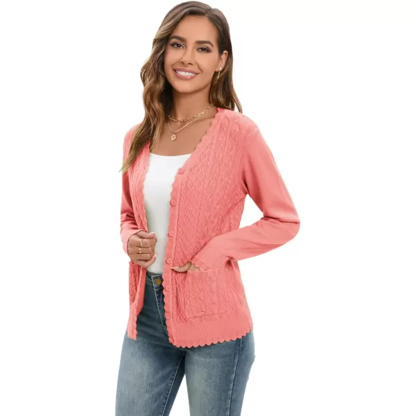 GRACE KARIN Womens Long Sleeve Button Down Vee Neck Classic Sweater Knit CardiganCable Pink