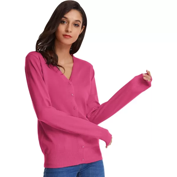 GRACE KARIN Womens Long Sleeve Button Down Vee Neck Classic Sweater Knit CardiganDeep Pink