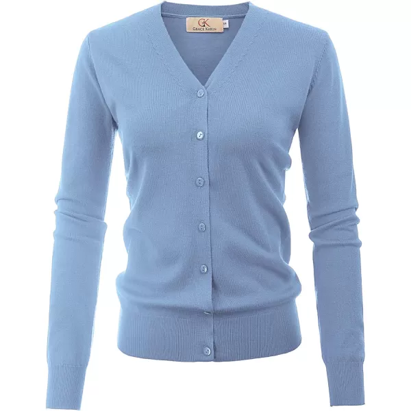 GRACE KARIN Womens Long Sleeve Button Down Vee Neck Classic Sweater Knit CardiganLight Blue