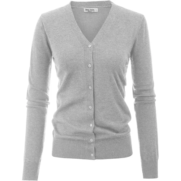 GRACE KARIN Womens Long Sleeve Button Down Vee Neck Classic Sweater Knit CardiganLight Grey