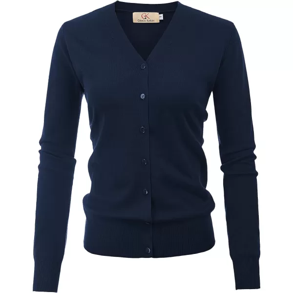 GRACE KARIN Womens Long Sleeve Button Down Vee Neck Classic Sweater Knit CardiganMidnight Blue