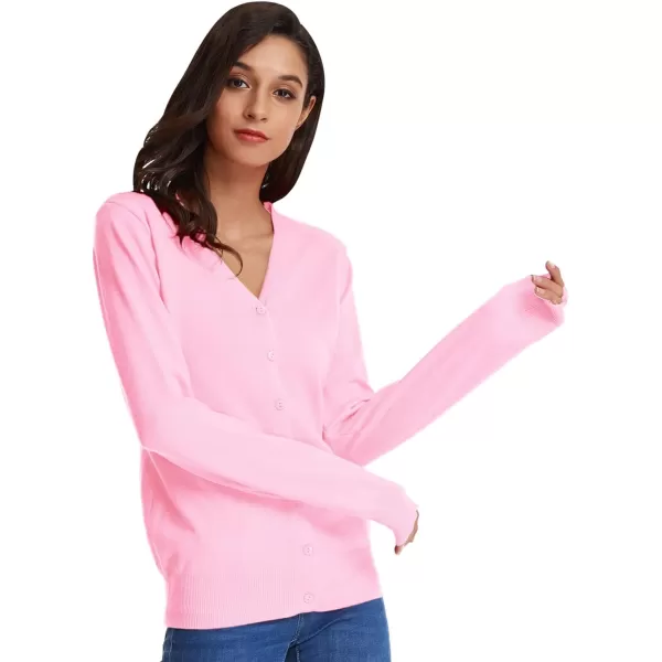 GRACE KARIN Womens Long Sleeve Button Down Vee Neck Classic Sweater Knit CardiganPink