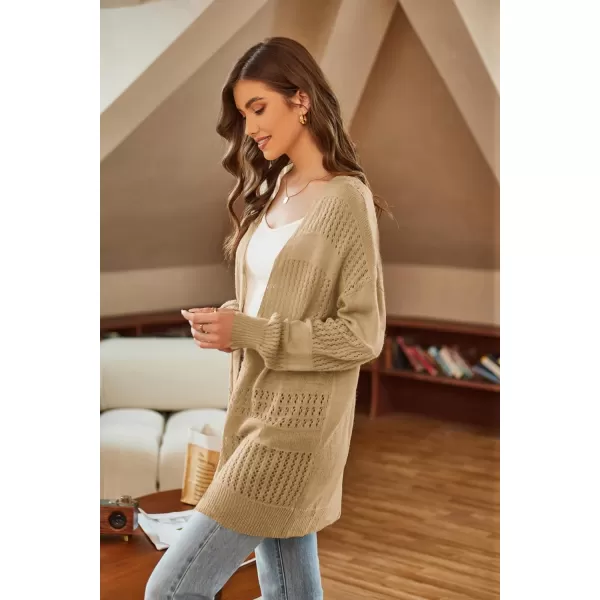 GRACE KARIN Womens Long Sleeve Cardigan VNeck Hollow Out Sweater Open Front Casual OutwearKhaki