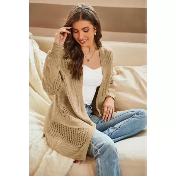 GRACE KARIN Womens Long Sleeve Cardigan VNeck Hollow Out Sweater Open Front Casual OutwearKhaki