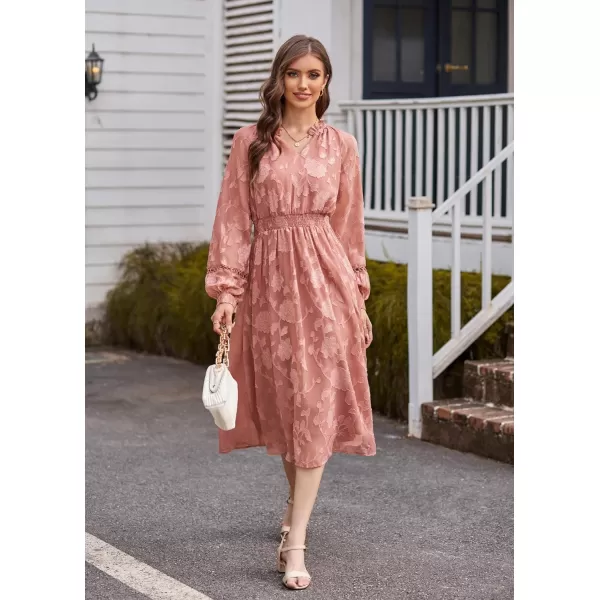 GRACE KARIN Womens Long Sleeve Dress Fall V Neck Side Slit A Line Casual Work Dresses Boho Floral DressBean Paste Pink