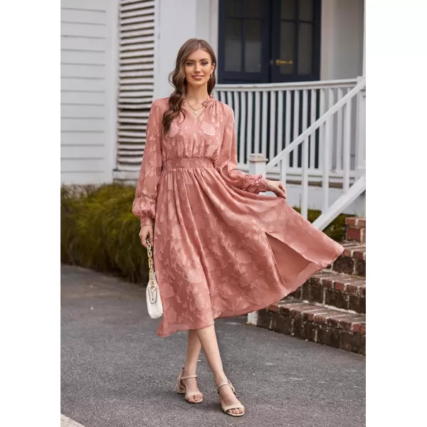 GRACE KARIN Womens Long Sleeve Dress Fall V Neck Side Slit A Line Casual Work Dresses Boho Floral DressBean Paste Pink